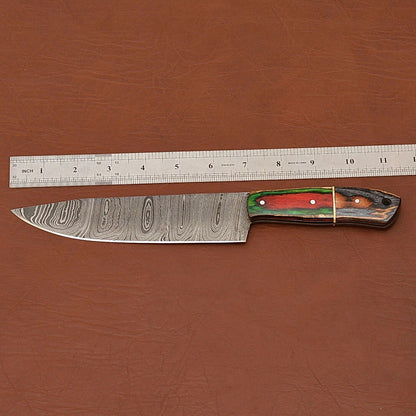 Custom Handmade 12" Damascus Steel Chef Knife | Wood Handle & Leather Sheath