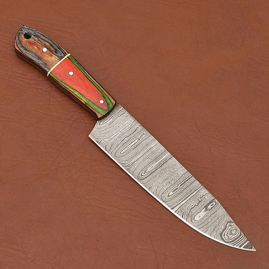 Custom Handmade 12" Damascus Steel Chef Knife | Wood Handle & Leather Sheath