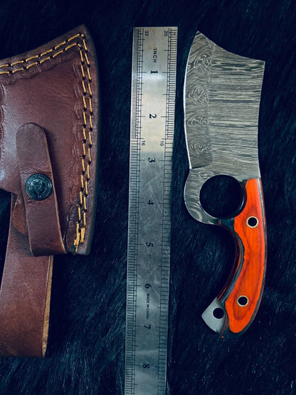 7" Fire Damascus Cleaver Bowie Knife – Wood Handle