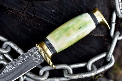 Rain Drop Damascus Steel Skinner Knife – Bone Handle with Brass Guard & Leather Sheath