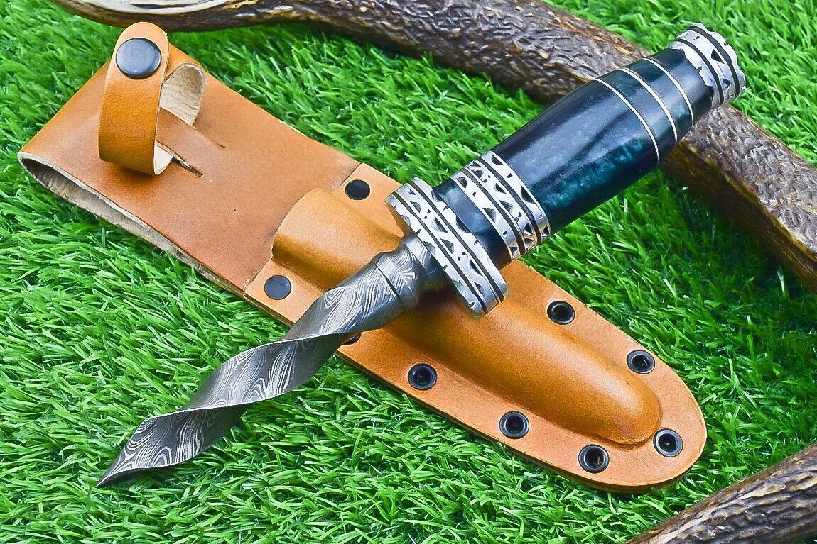 10 Inch Damascus Kris Dagger Bowie Knife with Resin Handle for Hunting and Camping