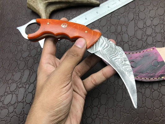 Hand Forged 8" Damascus Karambit Knife Best Karambit Damascus Steel With Resin Handle