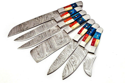 Custom Damascus Steel Chef Knife Set – Full Tang Texas Flag Knives with Leather Sheath