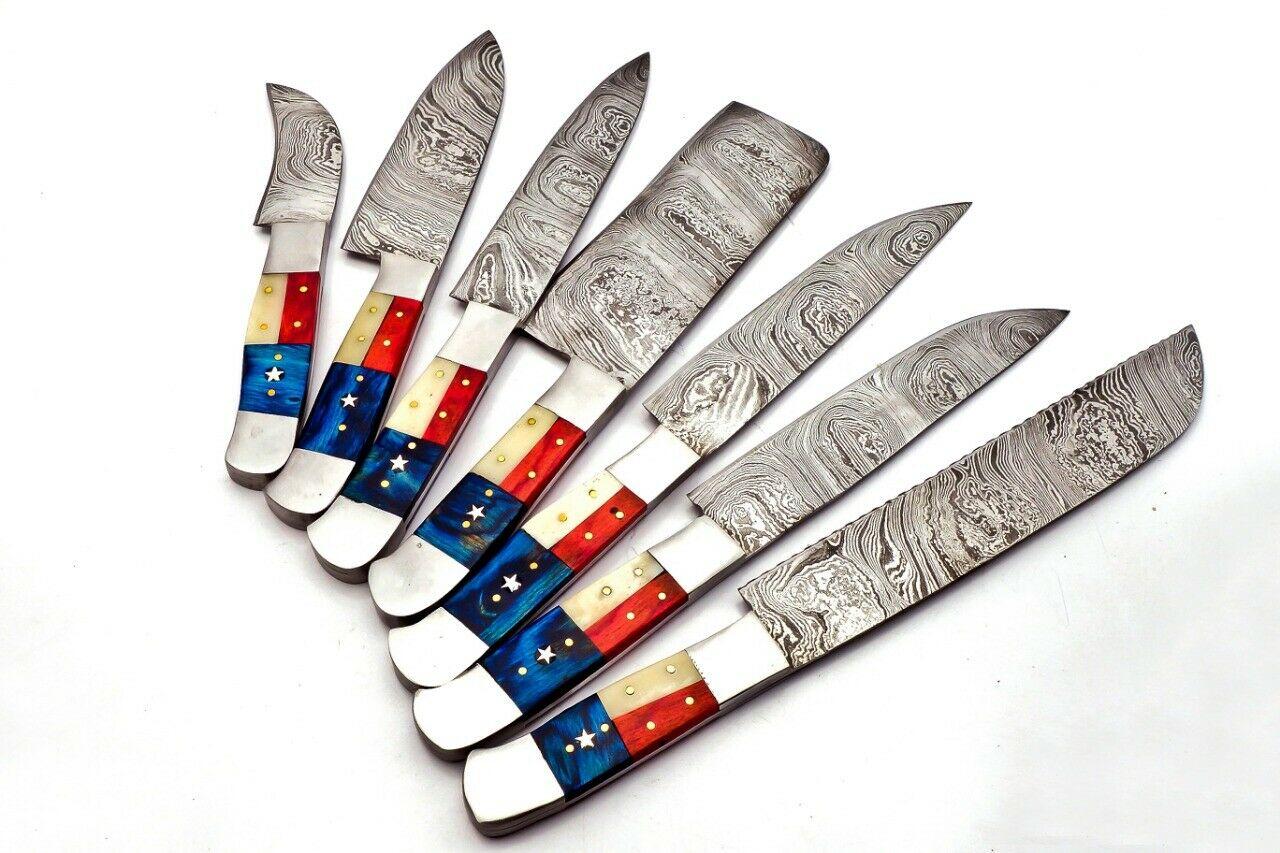 Custom Damascus Steel Chef Knife Set – Full Tang Texas Flag Knives with Leather Sheath