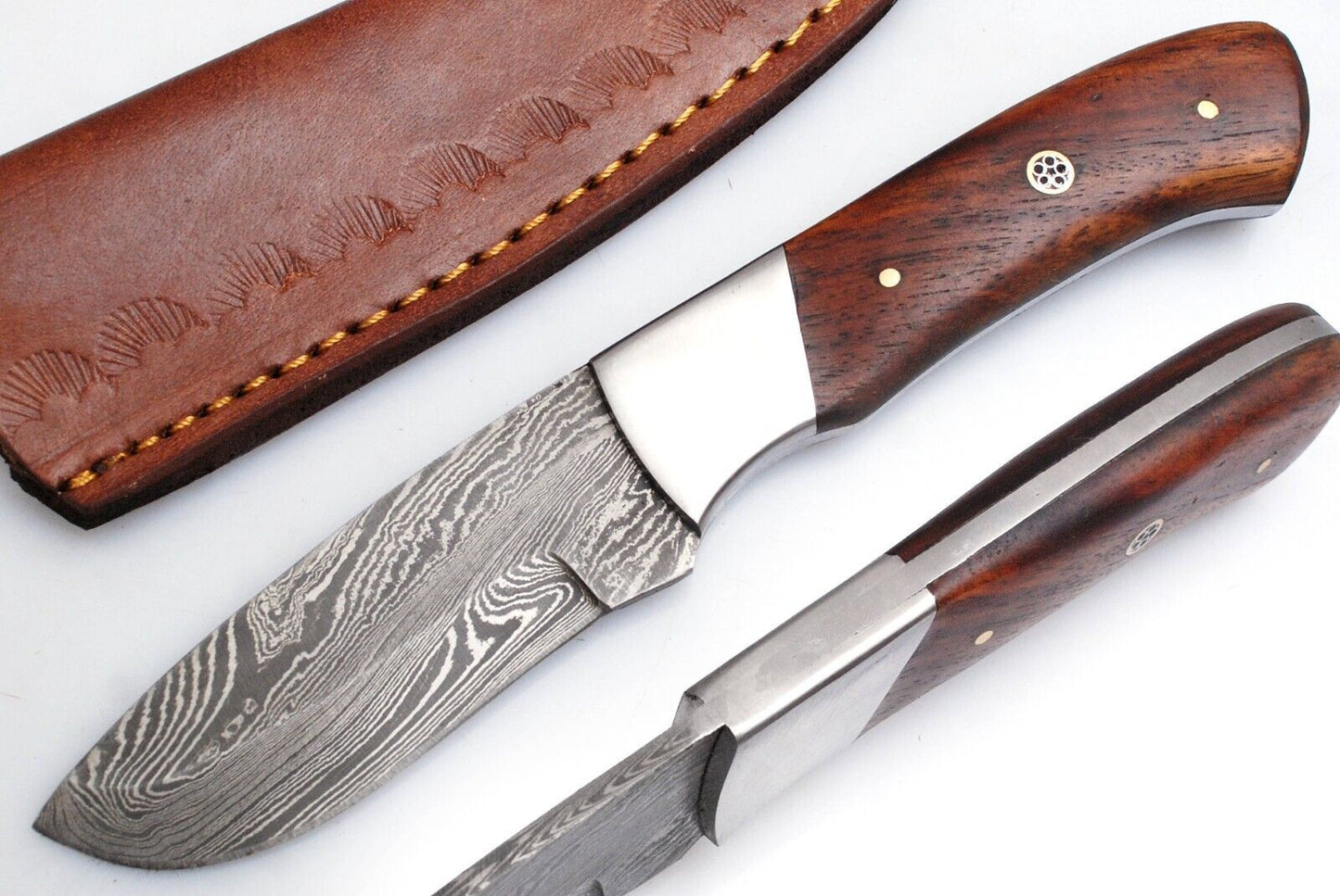 Damascus Skinner Knife – 8" Handmade Fixed Blade with Wood Handle & Leather Sheath