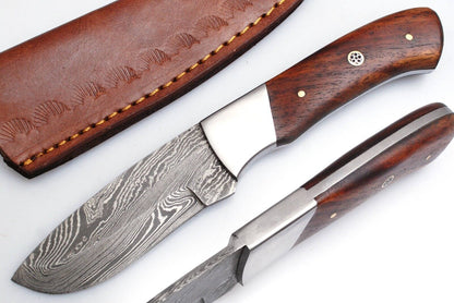 Damascus Skinner Knife – 8" Handmade Fixed Blade with Wood Handle & Leather Sheath