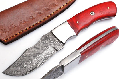 Damascus Skinner Knife – 8" Handmade Fixed Blade with Wood Handle & Leather Sheath