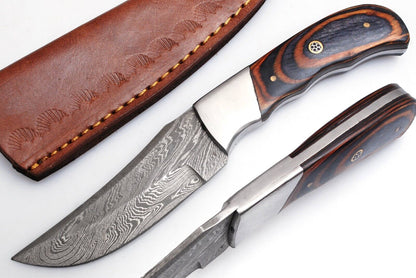 Damascus Skinner Knife – 8" Handmade Fixed Blade with Wood Handle & Leather Sheath