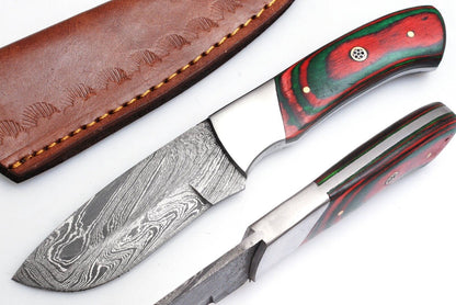 Damascus Skinner Knife – 8" Handmade Fixed Blade with Wood Handle & Leather Sheath