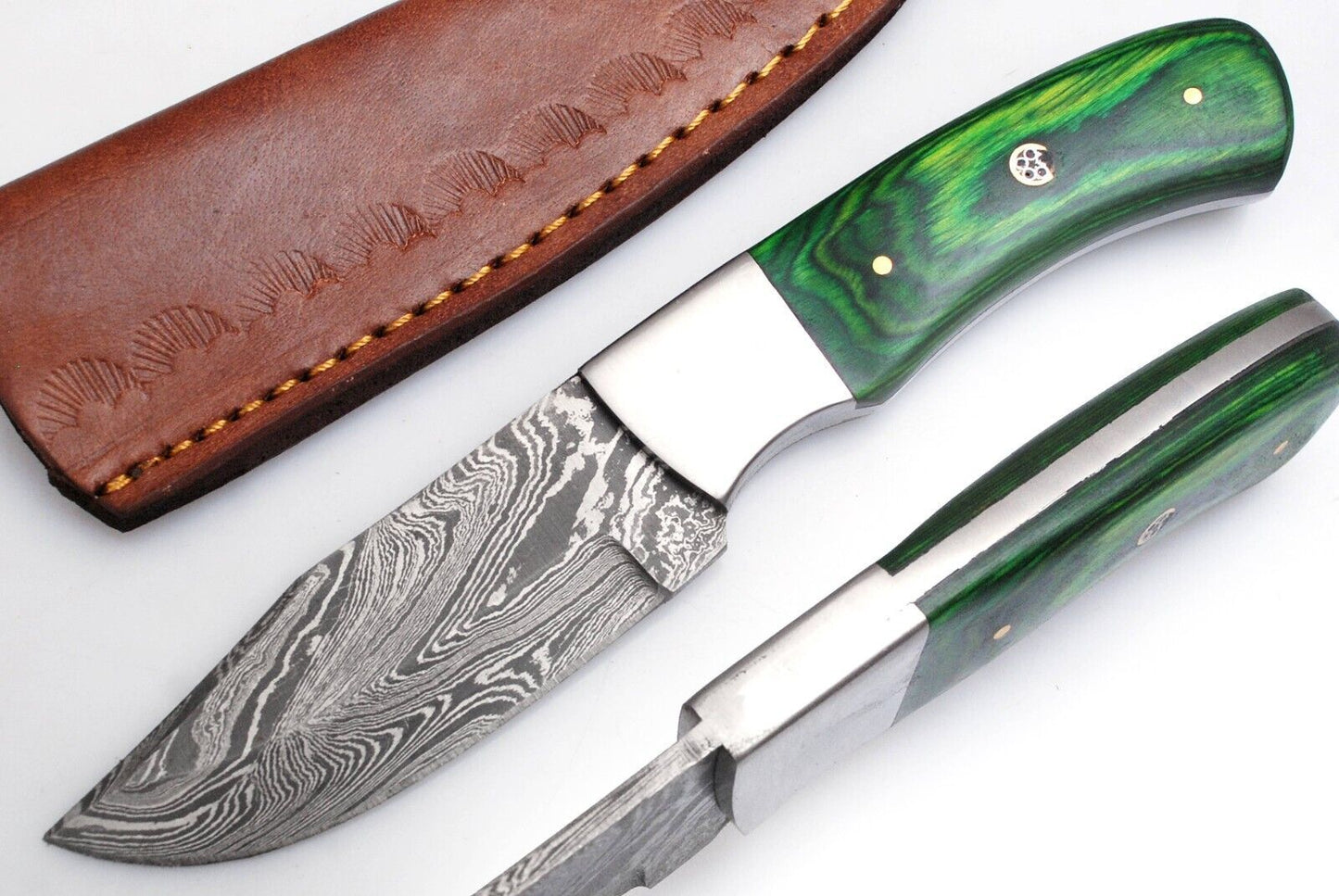 Damascus Skinner Knife – 8" Handmade Fixed Blade with Wood Handle & Leather Sheath