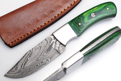 Damascus Skinner Knife – 8" Handmade Fixed Blade with Wood Handle & Leather Sheath
