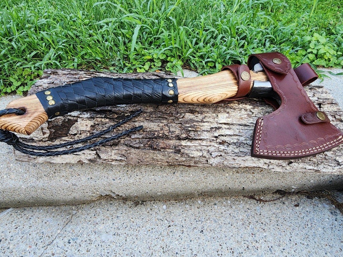 Handmade Carbon Steel Viking Axe with Wooden Handle and Leather Sheath