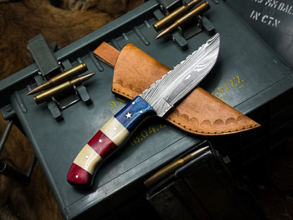Heritage Forge Handmade Damascus Steel Hunting Knife with Wood Handle and Leather Sheath – Full Tang Clip Point Blade