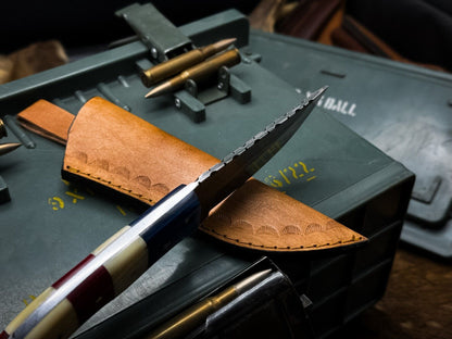 Heritage Forge Handmade Damascus Steel Hunting Knife with Wood Handle and Leather Sheath – Full Tang Clip Point Blade