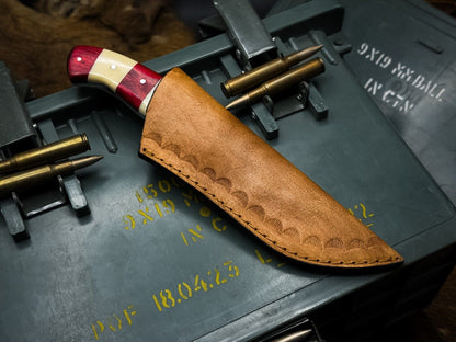 Heritage Forge Handmade Damascus Steel Hunting Knife with Wood Handle and Leather Sheath – Full Tang Clip Point Blade