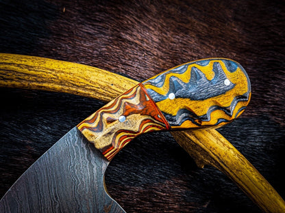 Custom Damascus Steel Skinner Hunting Knife with Wood Handle – 9 Inch Fixed Blade