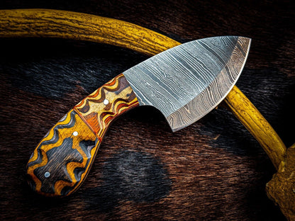 Custom Damascus Steel Skinner Hunting Knife with Wood Handle – 9 Inch Fixed Blade