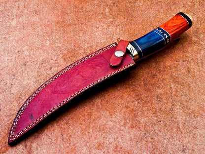 Heritage Forge 13 Inch Handmade Damascus Bowie Knife | Hardwood Handle Custom Camping Hunting Blade