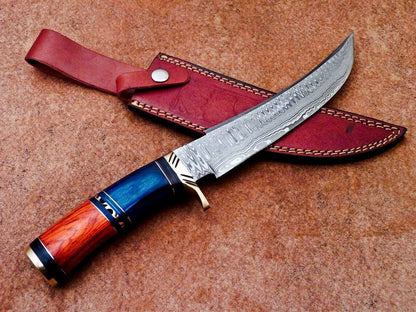 Heritage Forge 13 Inch Handmade Damascus Bowie Knife | Hardwood Handle Custom Camping Hunting Blade
