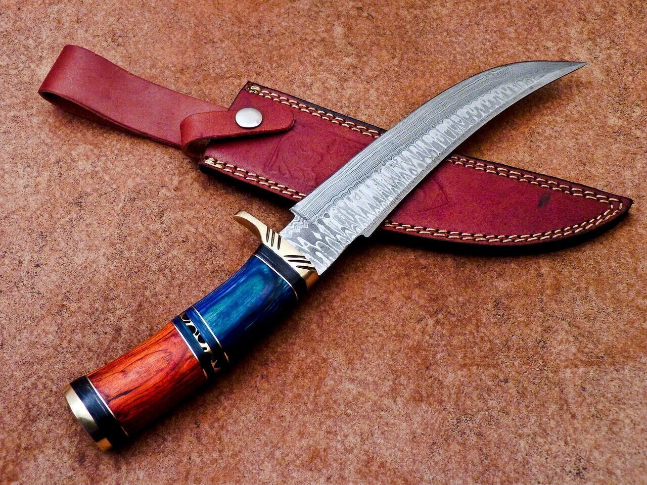 Heritage Forge 13 Inch Handmade Damascus Bowie Knife | Hardwood Handle Custom Camping Hunting Blade