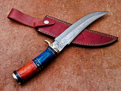 Heritage Forge 13 Inch Handmade Damascus Bowie Knife | Hardwood Handle Custom Camping Hunting Blade