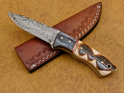 8" Damascus Fixed Blade Bowie Knife – Camel Bone & Pakka Wood Handle