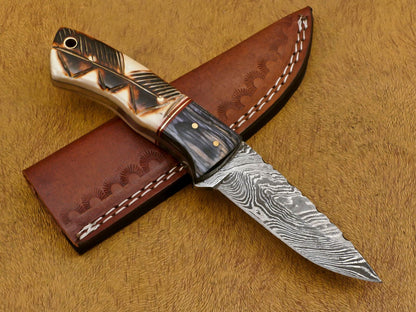 8" Damascus Fixed Blade Bowie Knife – Camel Bone & Pakka Wood Handle