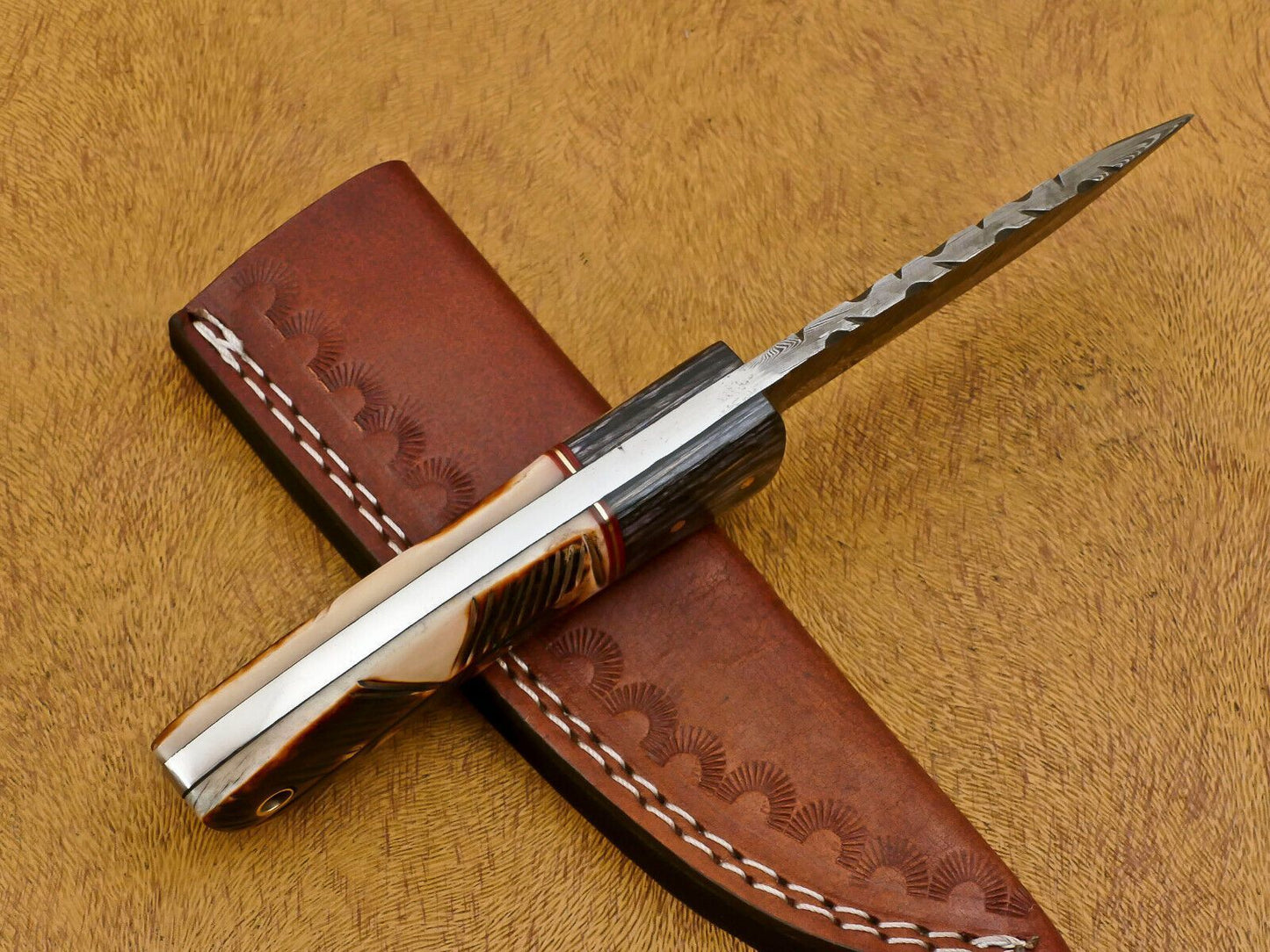 8" Damascus Fixed Blade Bowie Knife – Camel Bone & Pakka Wood Handle