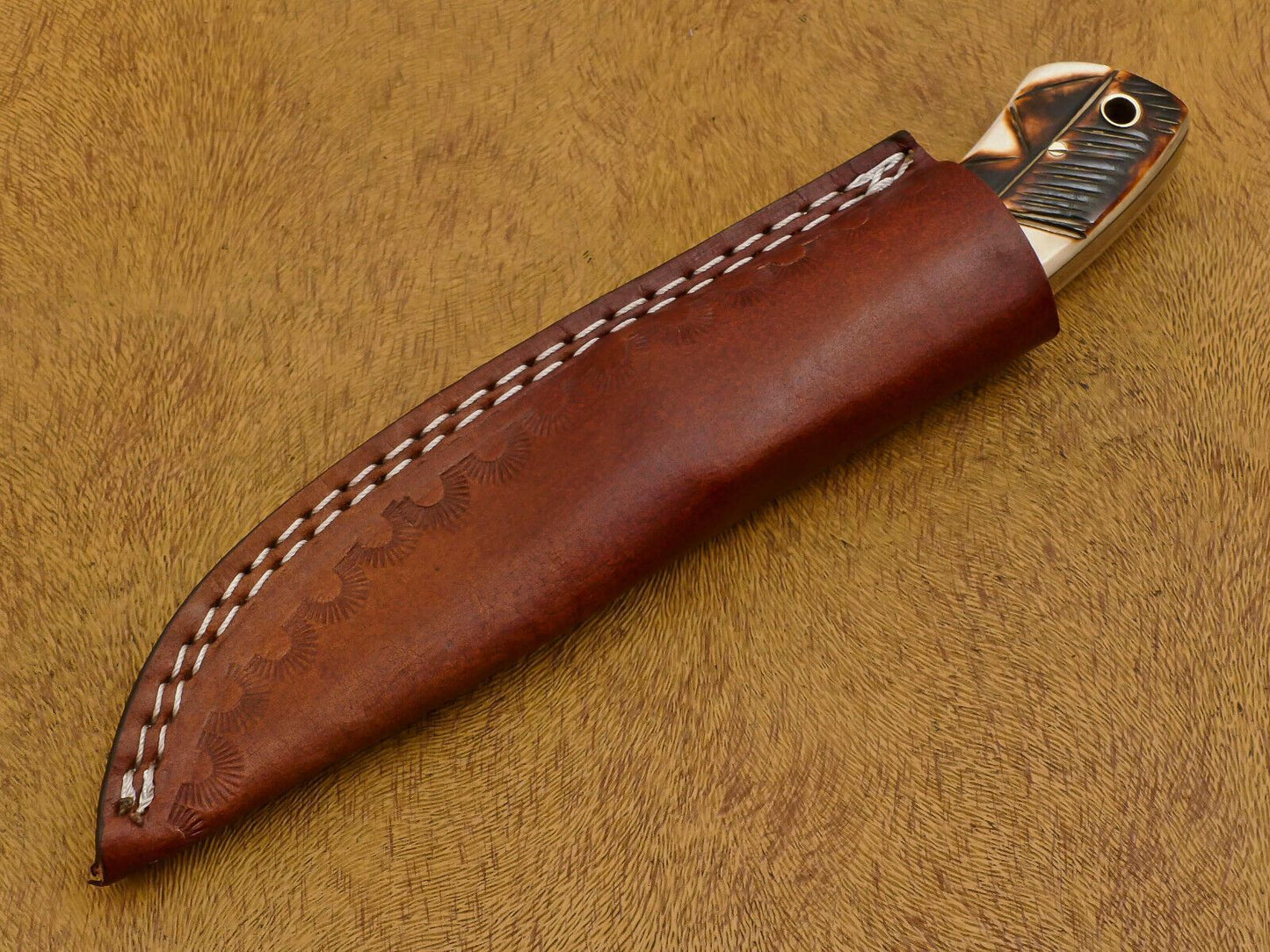 8" Damascus Fixed Blade Bowie Knife – Camel Bone & Pakka Wood Handle