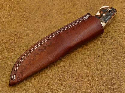 8" Damascus Fixed Blade Bowie Knife – Camel Bone & Pakka Wood Handle