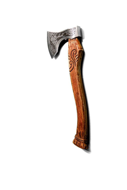 Hand Forged Etched Carbon Steel Viking Outdoor Axe with Stunning Ashwood Handle and Leather Sheath