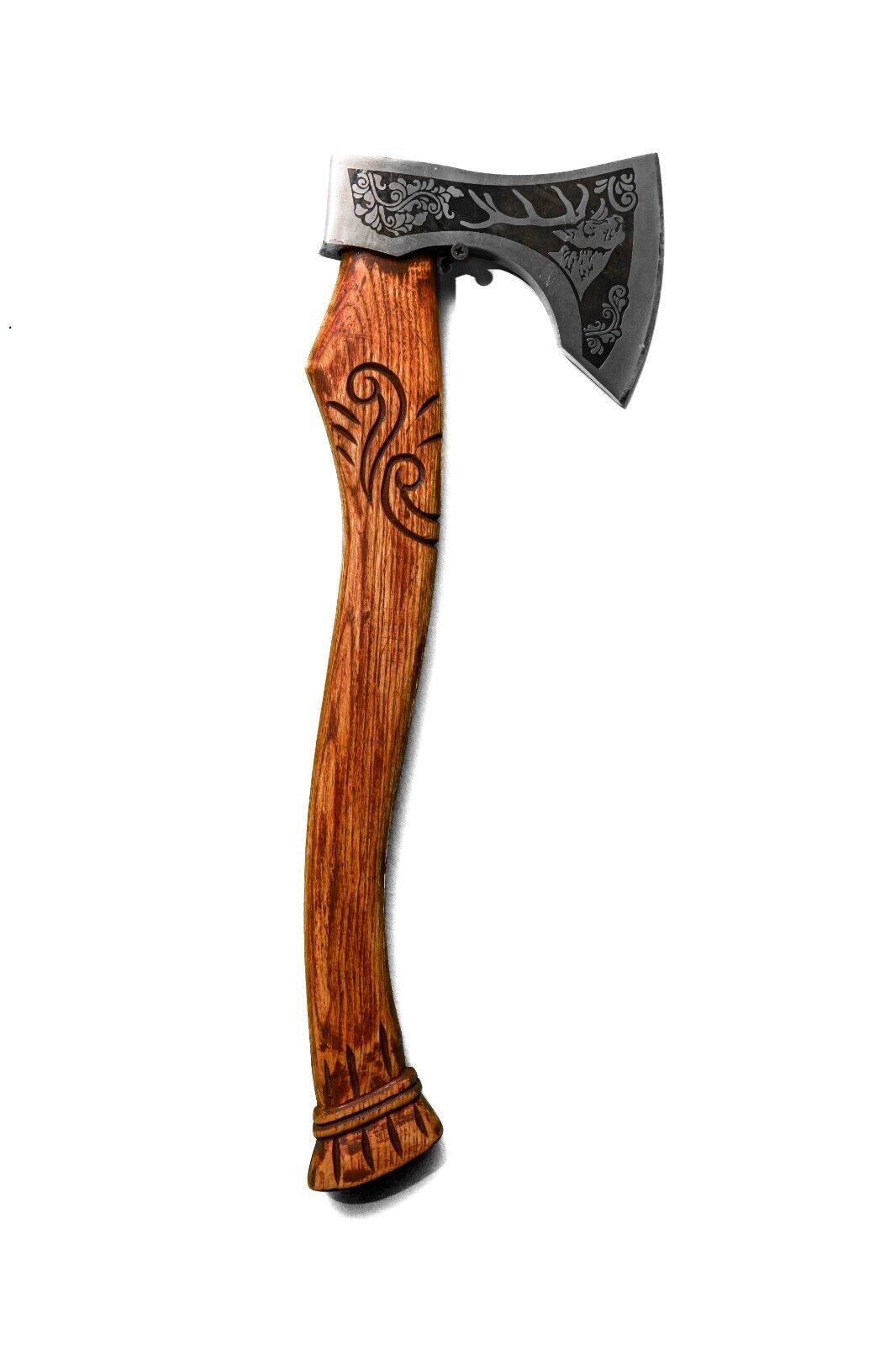 Hand Forged Etched Carbon Steel Viking Outdoor Axe with Stunning Ashwood Handle and Leather Sheath