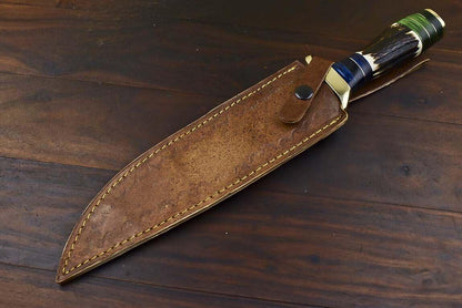 13.5" Custom Damascus Steel Bowie Knife | Stag Antler Handle