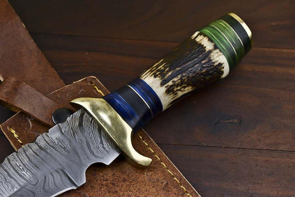 13.5" Custom Damascus Steel Bowie Knife | Stag Antler Handle