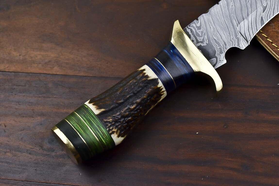 13.5" Custom Damascus Steel Bowie Knife | Stag Antler Handle