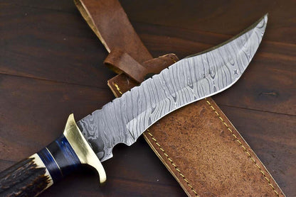 13.5" Custom Damascus Steel Bowie Knife | Stag Antler Handle
