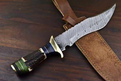 13.5" Custom Damascus Steel Bowie Knife | Stag Antler Handle