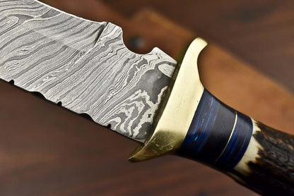 13.5" Custom Damascus Steel Bowie Knife | Stag Antler Handle