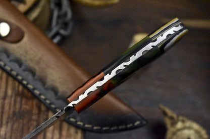 Custom Twist Damascus Skinner Knife with Corain Handle for Tactical Hunting