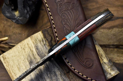 Twist Damascus Skinner Knife with Gut Hook and Hardwood Handle for Hunting