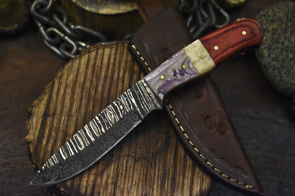 Custom Twist Damascus Skinner Knife Bone and Wood Handle Sports Fixed Blade