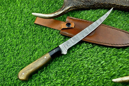 Hand Forged Damascus Steel Fillet Knife – 11.5" Blade, Resin & Hardwood Handle with Brass Pins, Kitchen & Camping Chef Knife