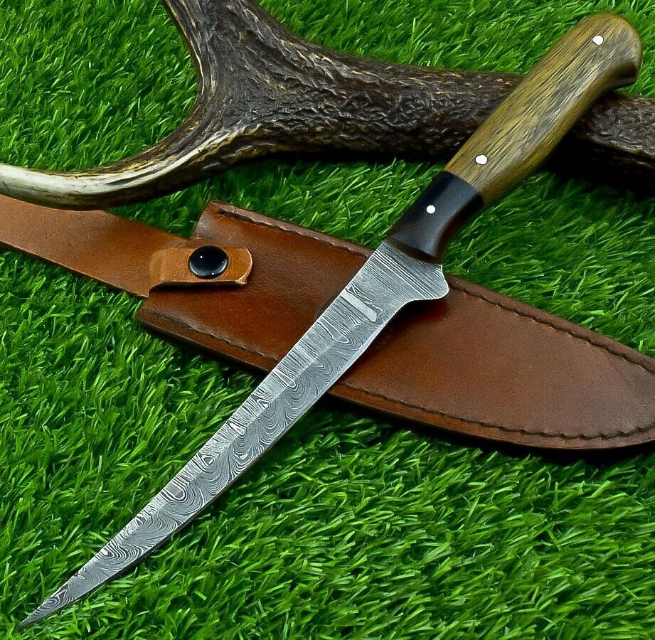 Hand Forged Damascus Steel Fillet Knife – 11.5" Blade, Resin & Hardwood Handle with Brass Pins, Kitchen & Camping Chef Knife