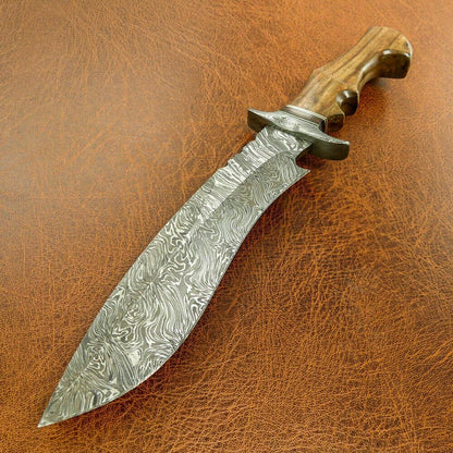 15" Sasquatch Damascus Steel Bowie Knife – Natural Wood Handle & Custom Sheath
