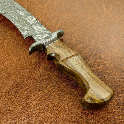 15" Sasquatch Damascus Steel Bowie Knife – Natural Wood Handle & Custom Sheath