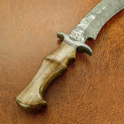 15" Sasquatch Damascus Steel Bowie Knife – Natural Wood Handle & Custom Sheath