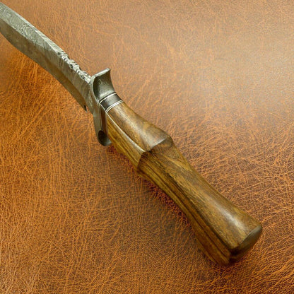 15" Sasquatch Damascus Steel Bowie Knife – Natural Wood Handle & Custom Sheath