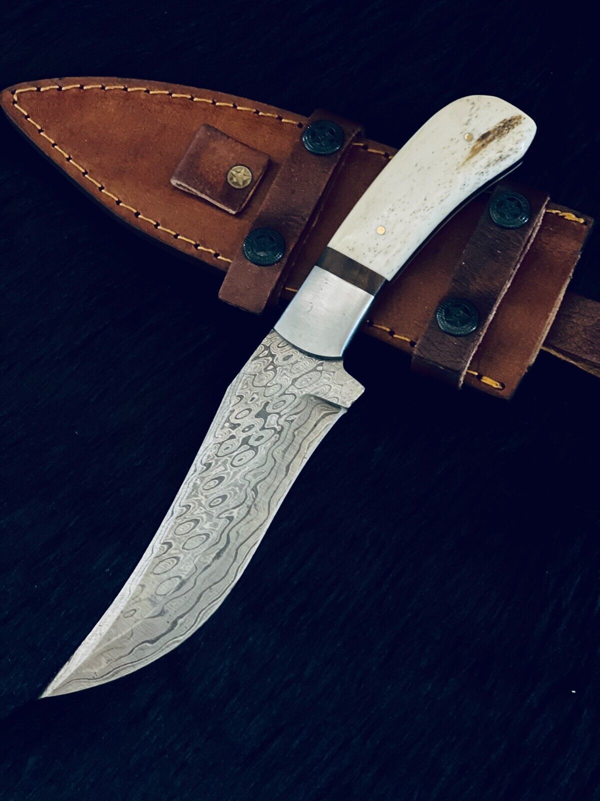 10" Handmade Rain Drop Damascus Steel Bowie Knife – Camel Bone & Wood Handle