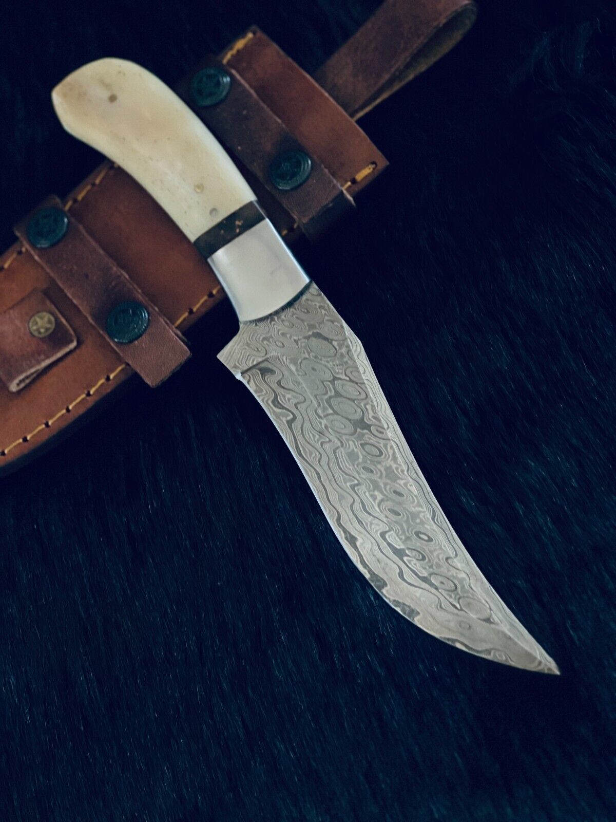 10" Handmade Rain Drop Damascus Steel Bowie Knife – Camel Bone & Wood Handle