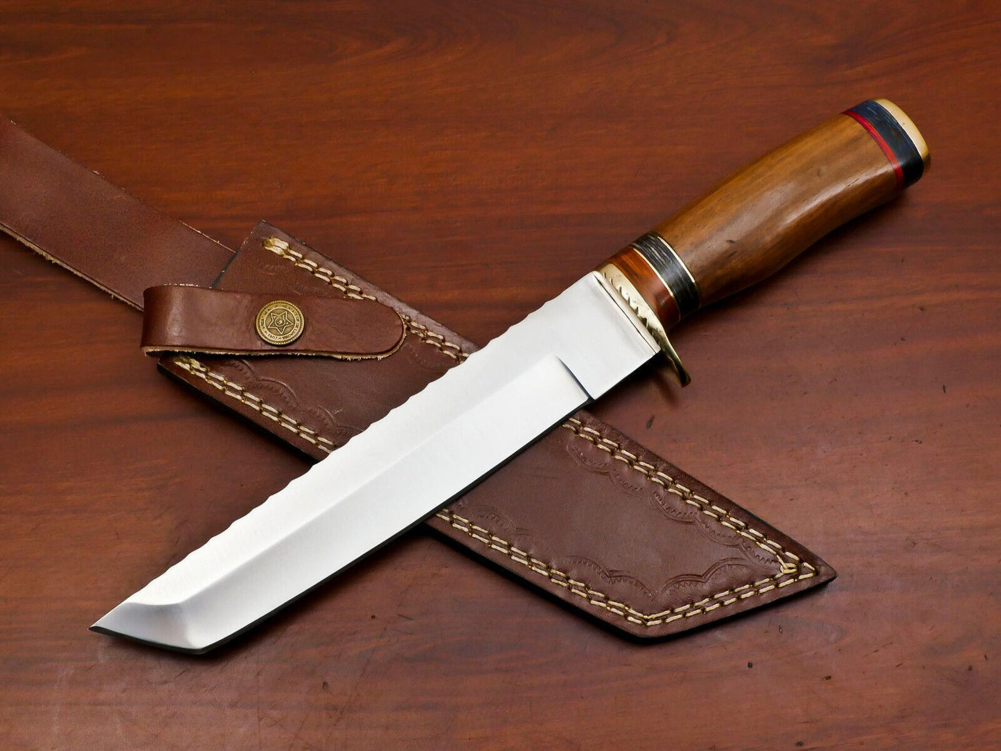 Custom Handmade D2 Steel Tanto Blade Bowie Hunting Knife – Brass Guard